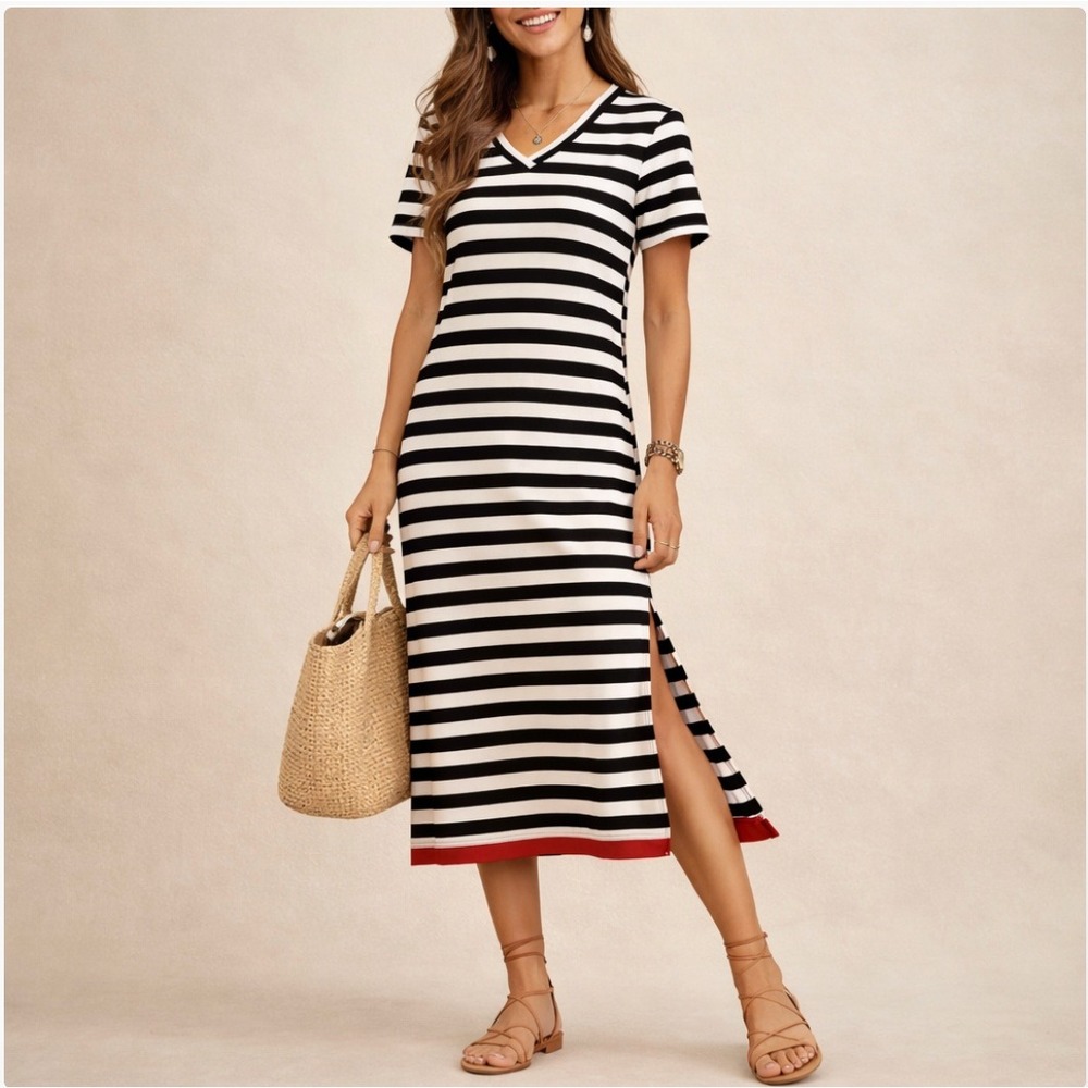 Dokotoo Black White Striped Midi T-Shirt Dress Side Slit Pockets Coastal Size M
